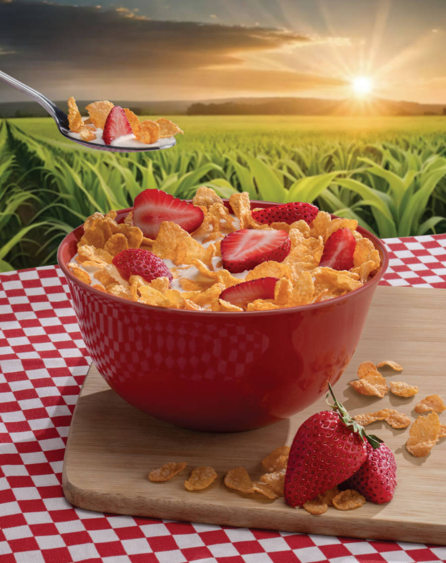 Fotografía de un bowl de cereal con fresas con un campo de fondo.